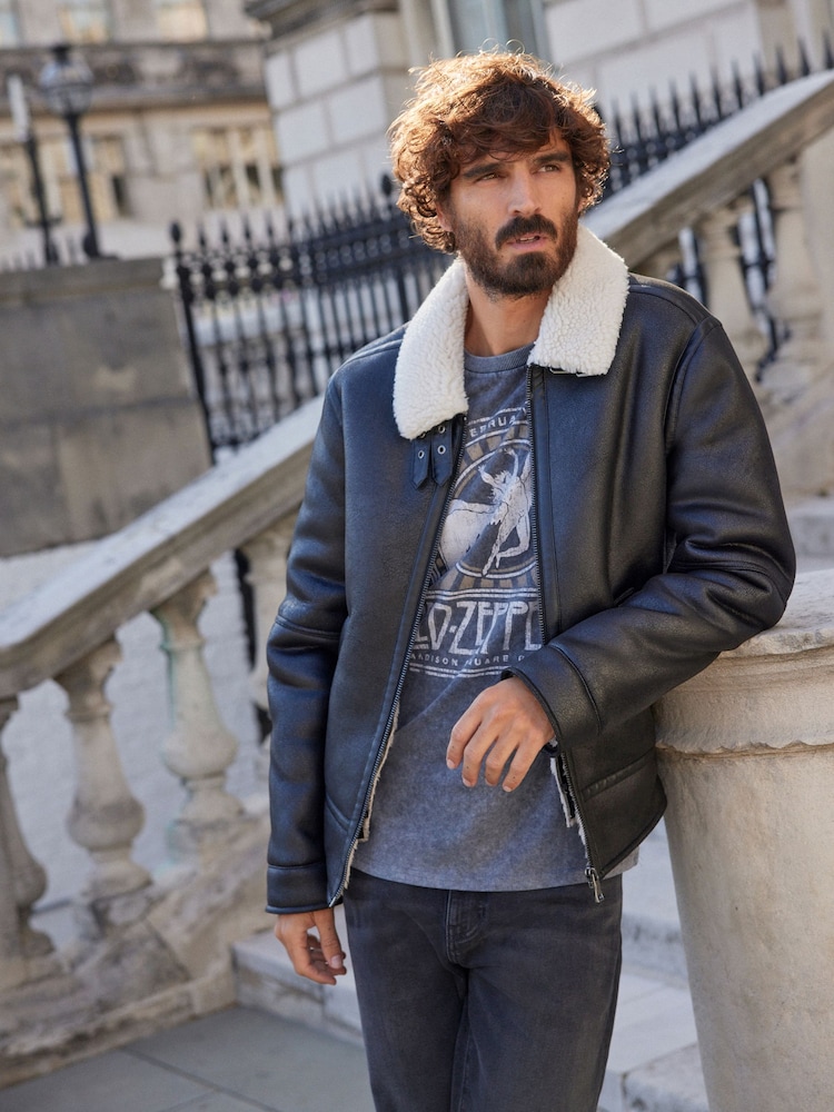 Black PU Faux Shearling Jacket - Image 1 of 13