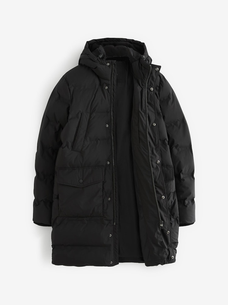 Black Long Shower Resistant Puffer Coat - Image 2 of 7