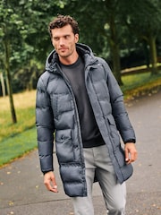 Slate Grey Long Shower Resistant Puffer Coat - Image 1 of 13