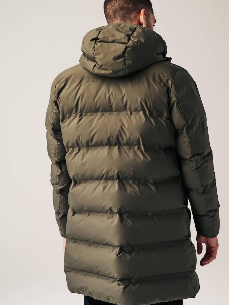 Khaki Green Long Shower Resistant Puffer Coat - Image 3 of 12