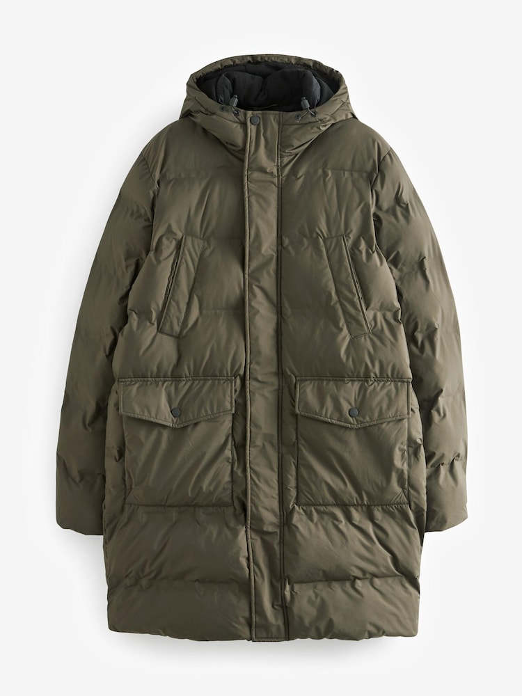 Khaki Green Long Shower Resistant Puffer Coat - Image 7 of 12