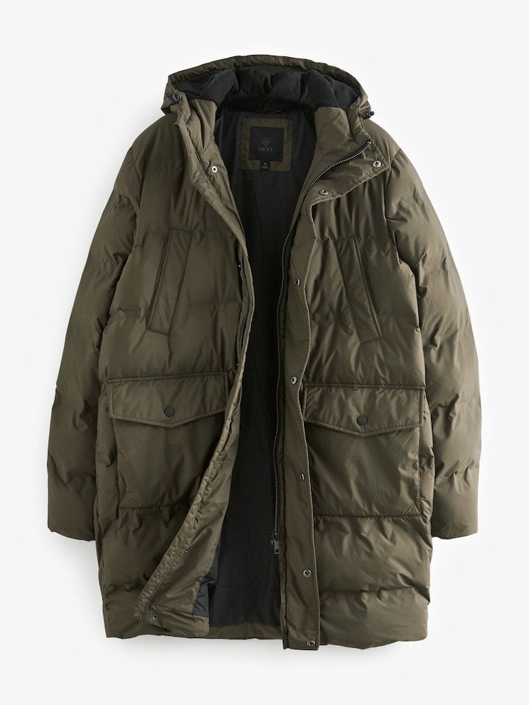 Khaki Green Long Shower Resistant Puffer Coat - Image 8 of 12