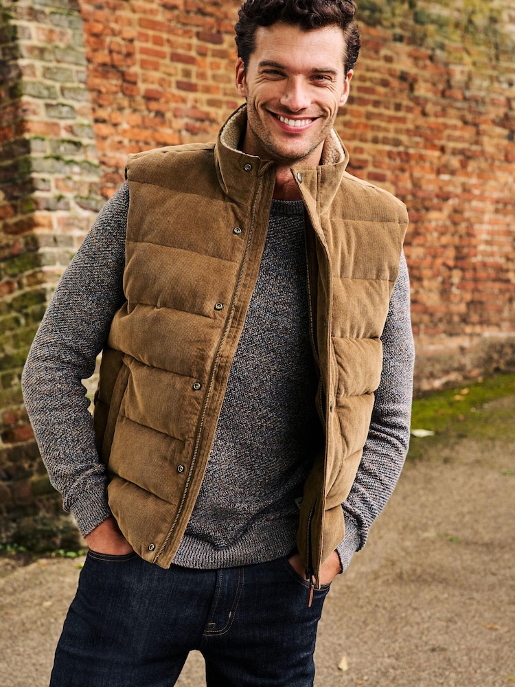 Tan Brown Borg Collared Corduroy Panel Gilet - Image 1 of 11