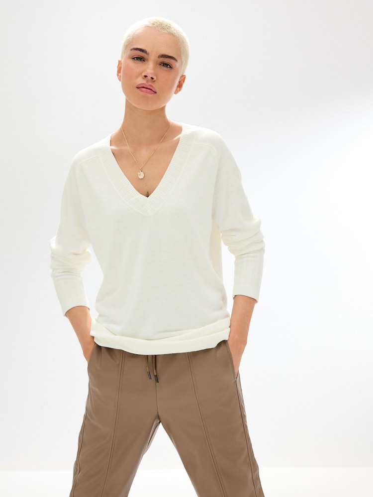 Ecru, Weiß - Gemütlicher V-Ausschnitt langärmelig Langleine Tunika Pullover - Bild 1 von 7