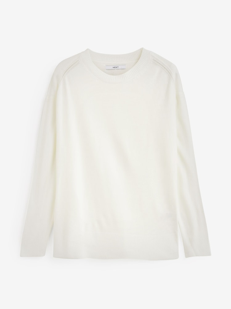 Ecru, Weiß - Kuscheliger, langärmeliger Pullover mit Rundhalsausschnitt - Bild 1 von 2