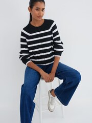 Black and White Stripe Ribbed Crew Neck Jumper - Image 2 of 6