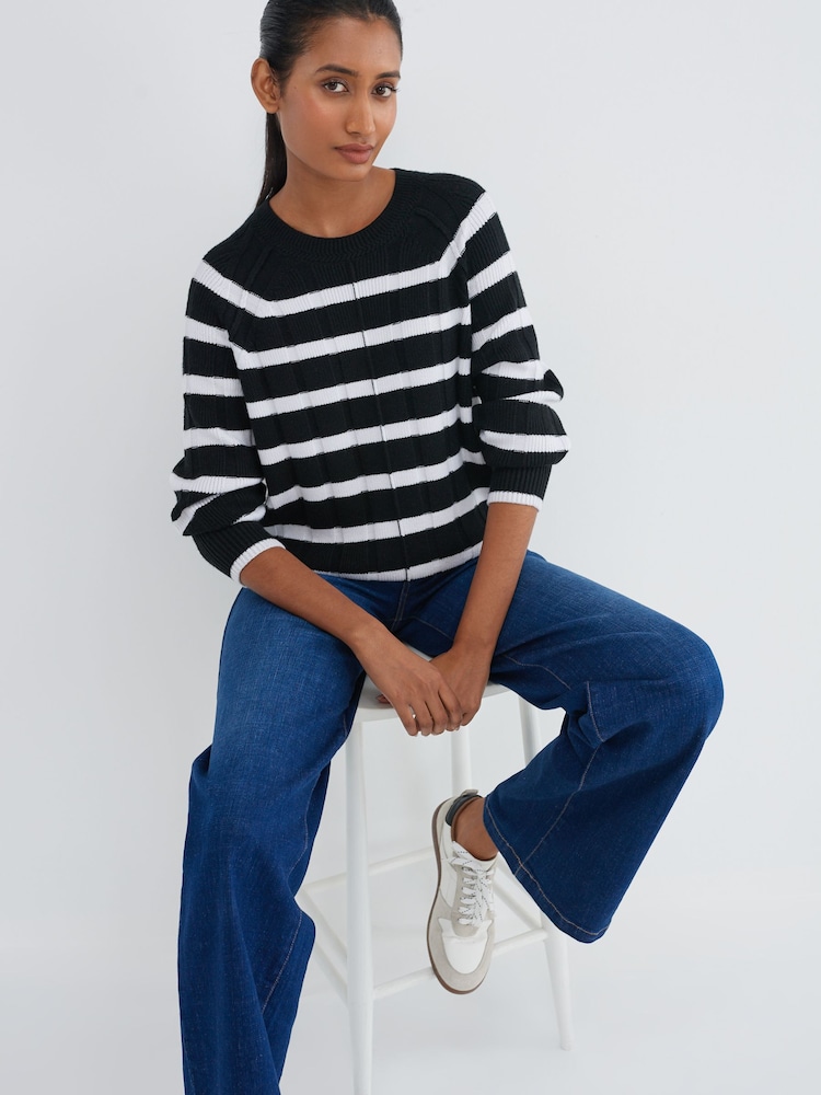 Black and White Stripe Ribbed Crew Neck Jumper - Image 2 of 6