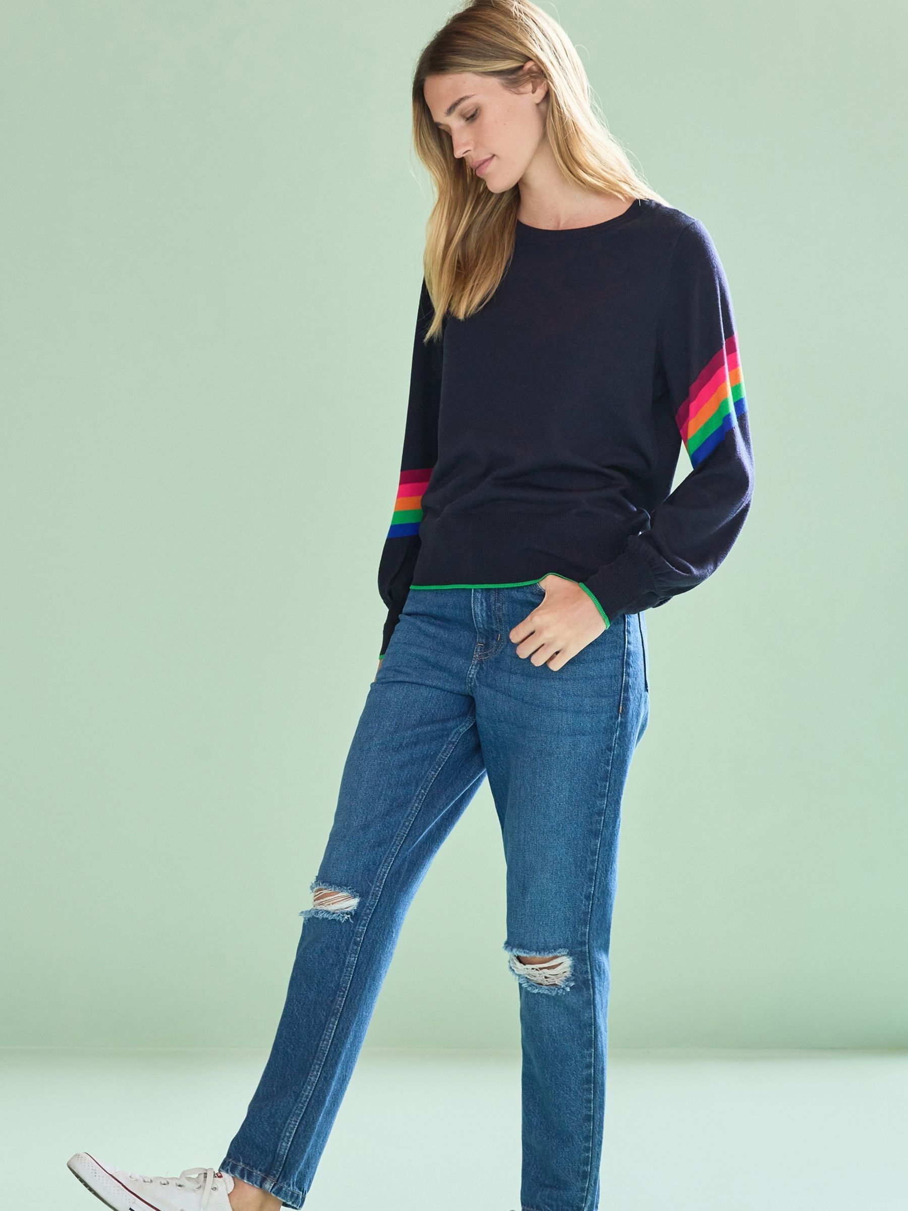 Buy Navy Blue with Rainbow Stripe Sleeve Round Neck Jumper from Next Luxembourg
