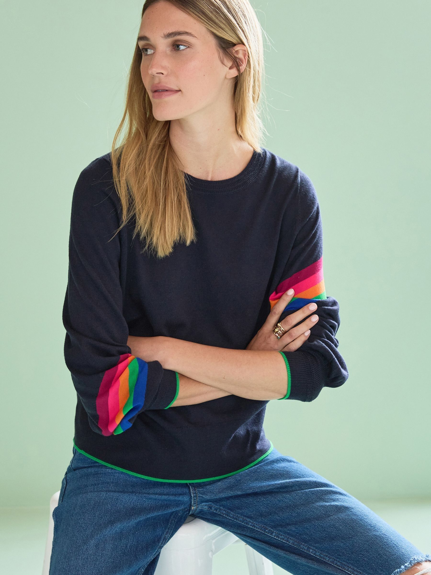 Buy Navy Blue with Rainbow Stripe Sleeve Round Neck Jumper from Next Luxembourg