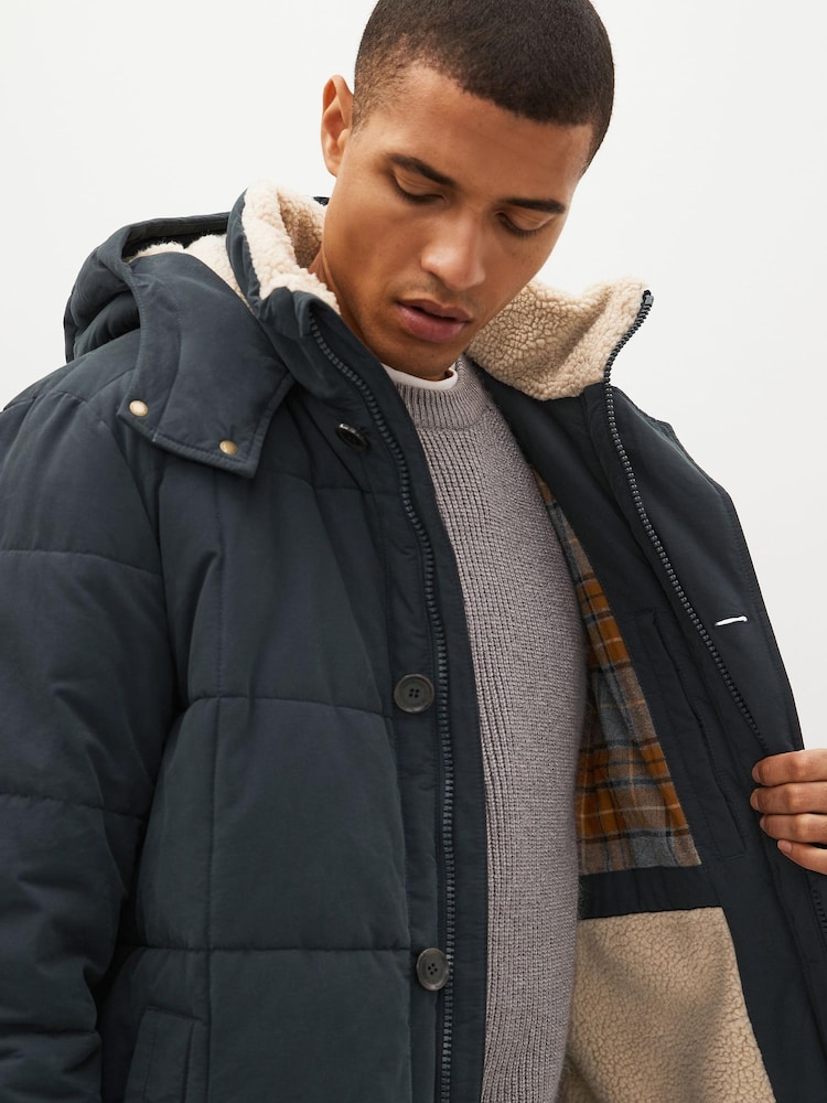 Navy Blue Square Quilted Parka Coat - Image 2 of 14