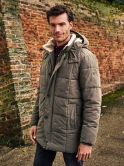 Khaki Green Square Quilted Parka Coat - Image 1 of 12