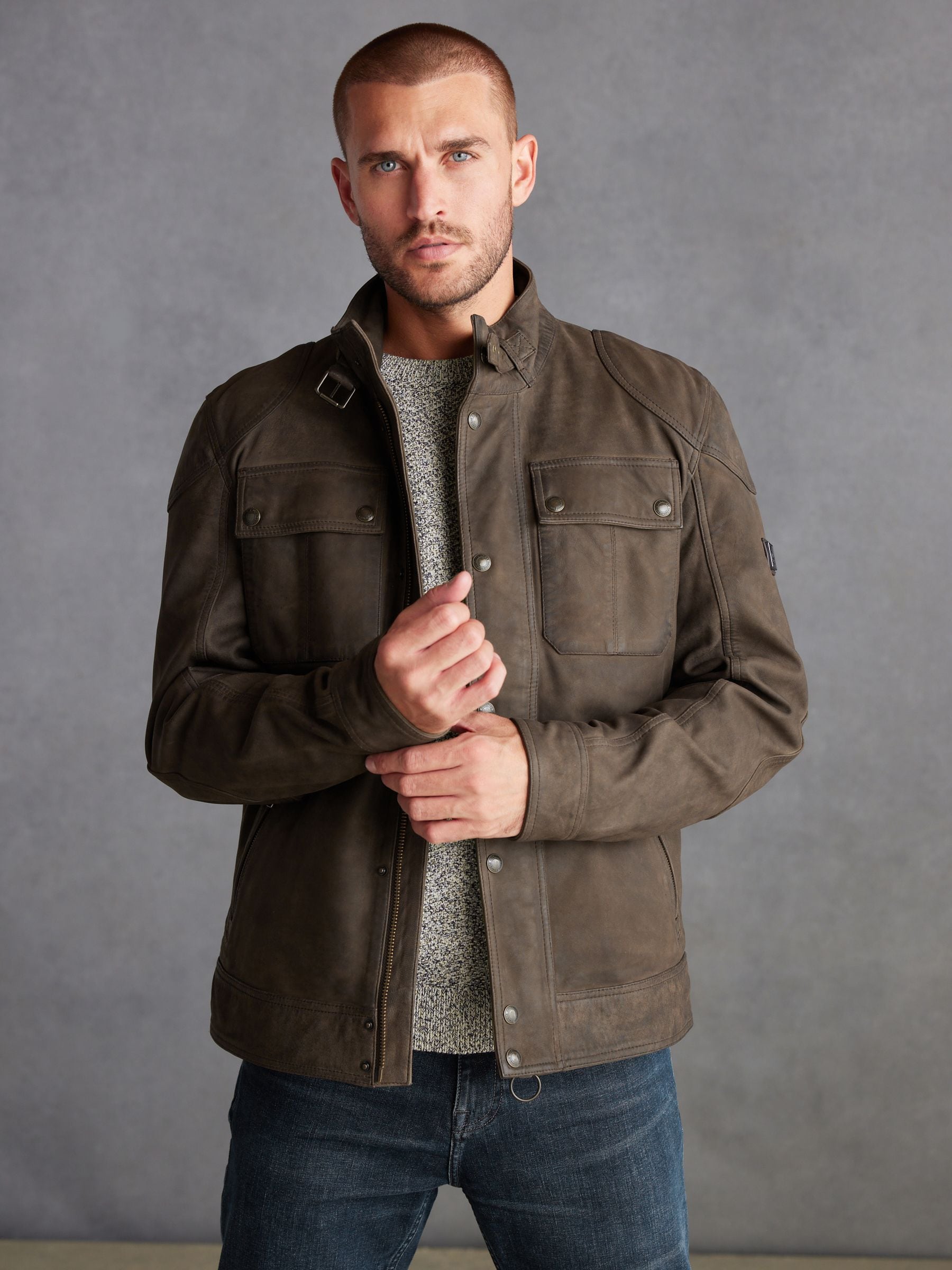 Buy Brown Four Pocket Nubuck Leather Biker Jacket from Next Luxembourg