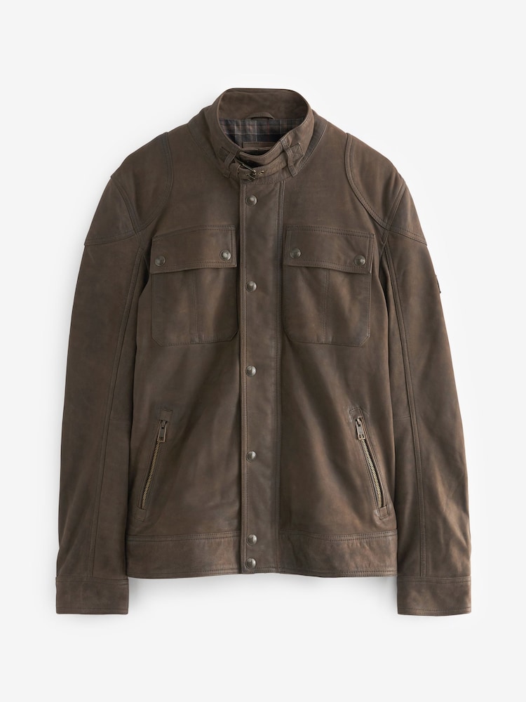 Brown Four Pocket Nubuck Leather Biker Jacket - Image 7 of 11