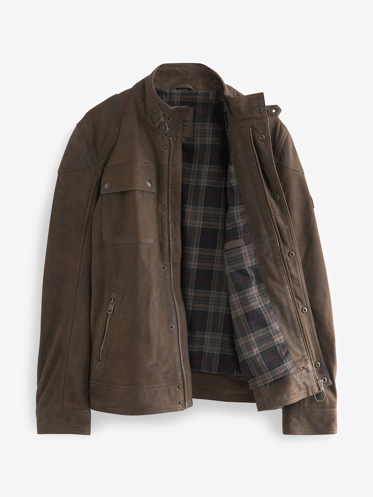 Brown Four Pocket Nubuck Leather Biker Jacket - Image 8 of 11