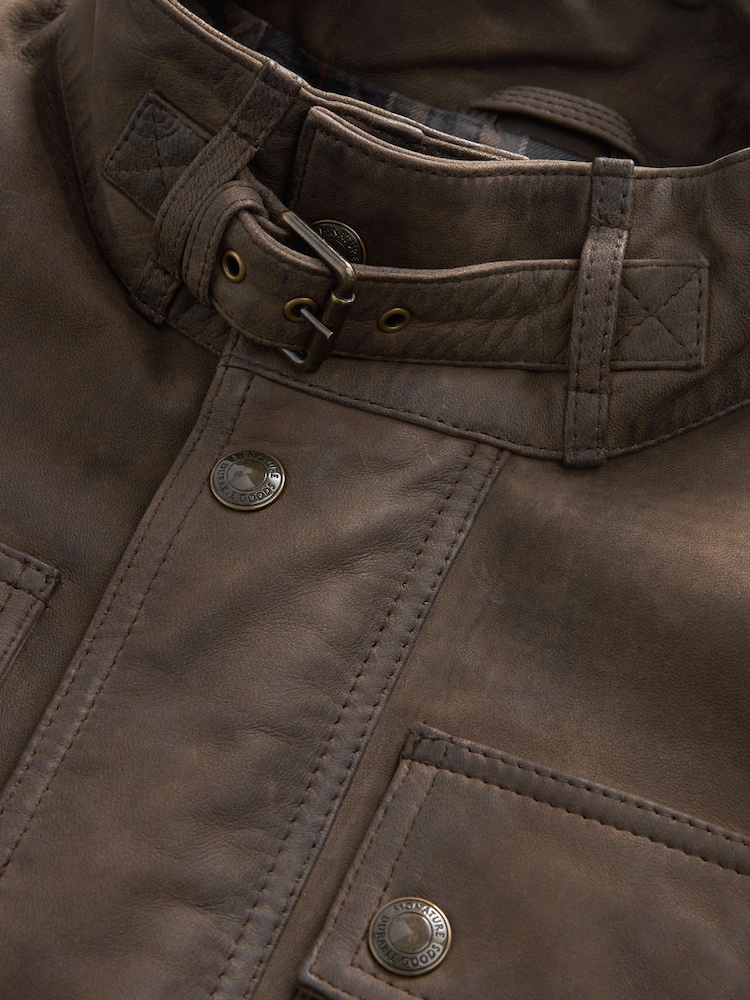 Brown Four Pocket Nubuck Leather Biker Jacket - Image 9 of 11