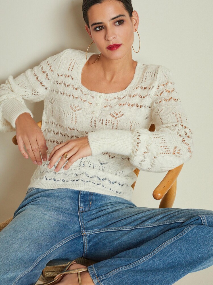 White Pointelle Square Neck Jumper - Image 3 of 6