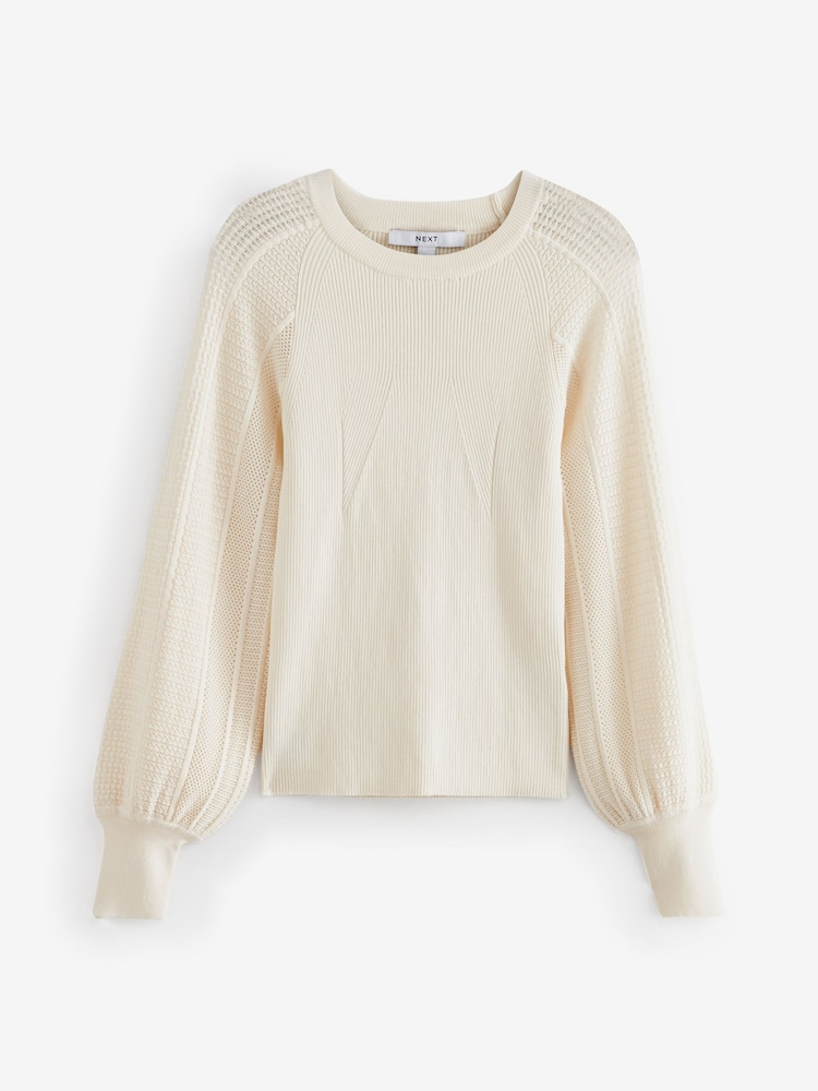 Ecru White Mesh Sleeve Crew Neck Top - Image 1 of 7