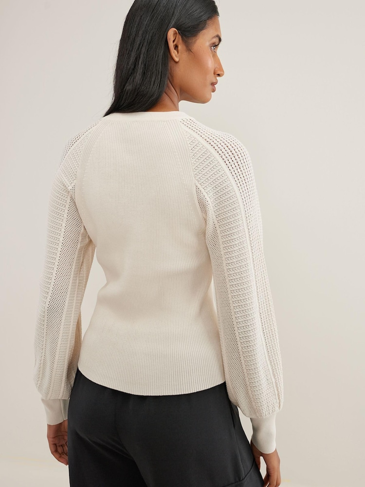 Ecru White Mesh Sleeve Crew Neck Top - Image 3 of 7