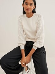 Ecru White Mesh Sleeve Crew Neck Top - Image 4 of 7