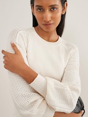 Ecru White Mesh Sleeve Crew Neck Top - Image 5 of 7