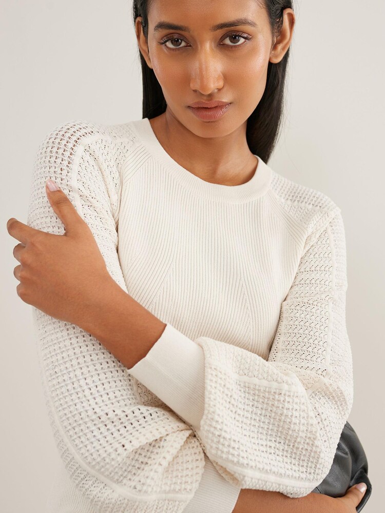 Ecru White Mesh Sleeve Crew Neck Top - Image 5 of 7