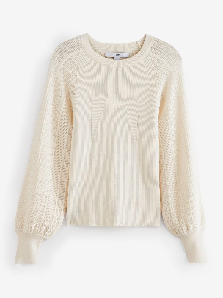 Ecru White Mesh Sleeve Crew Neck Top - Image 6 of 7