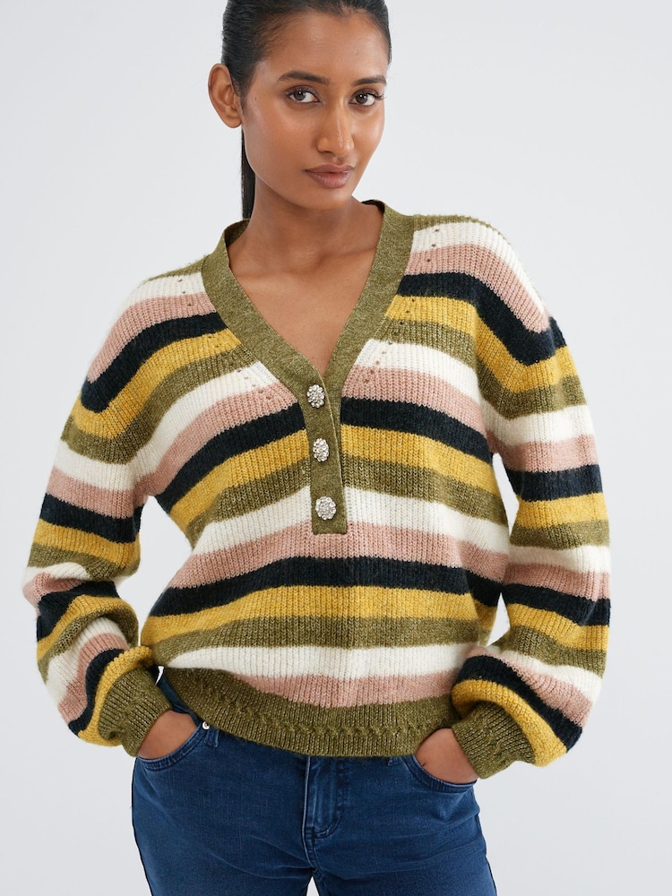 Khaki Green Striped Gem Button V-Neck Jumper - Image 1 of 6