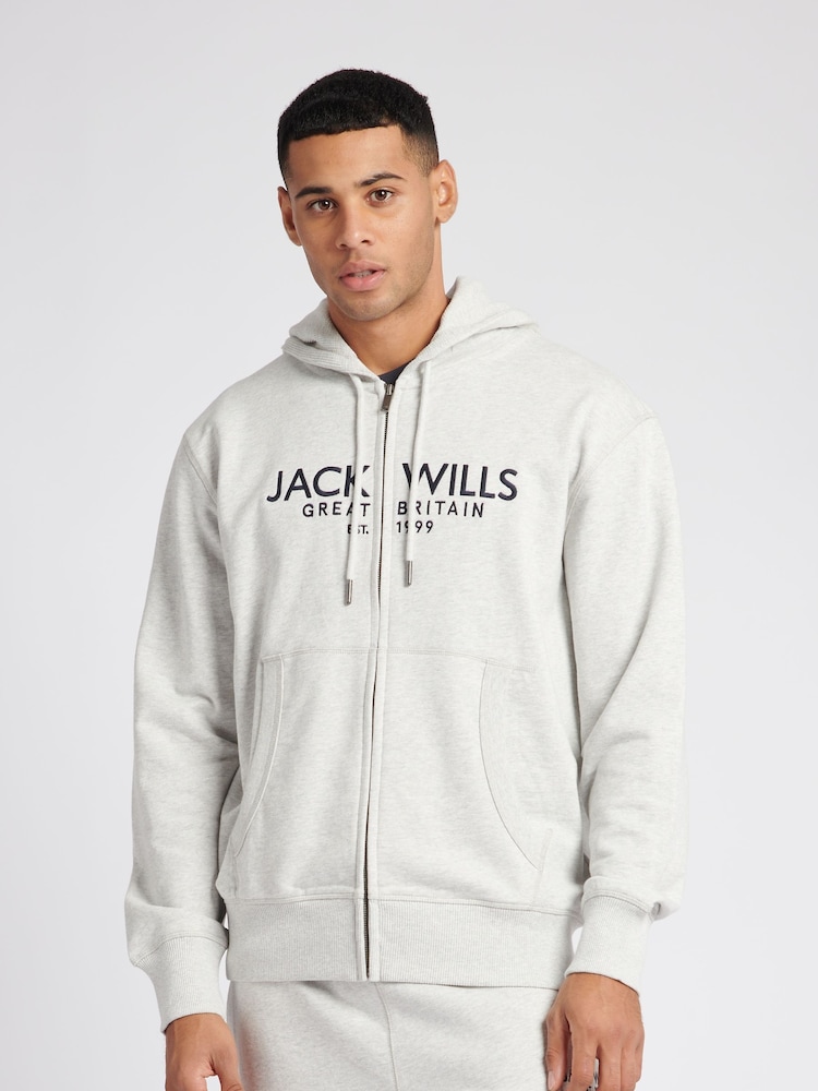Jack Wills Grey Graphic Pinebrook Zip Through 100% Cotton Hoodie - Image 1 of 6