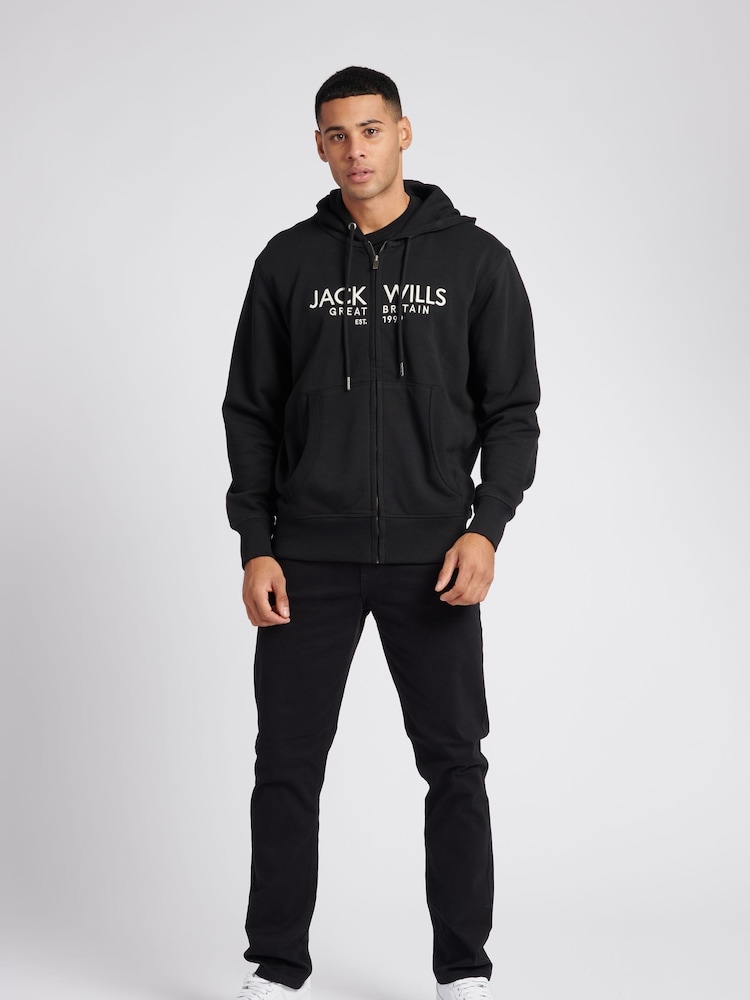 Jack Wills Black Graphic Pinebrook Zip Through 100% Cotton Hoodie - Image 2 of 6