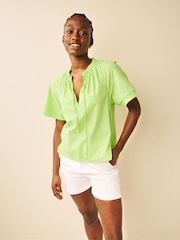 Green Textured Cotton Short Sleeve Tie Neck Blouse - Image 1 of 6