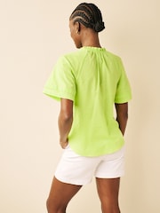 Green Textured Cotton Short Sleeve Tie Neck Blouse - Image 3 of 6