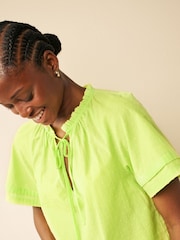 Green Textured Cotton Short Sleeve Tie Neck Blouse - Image 4 of 6