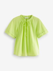 Green Textured Cotton Short Sleeve Tie Neck Blouse - Image 5 of 6