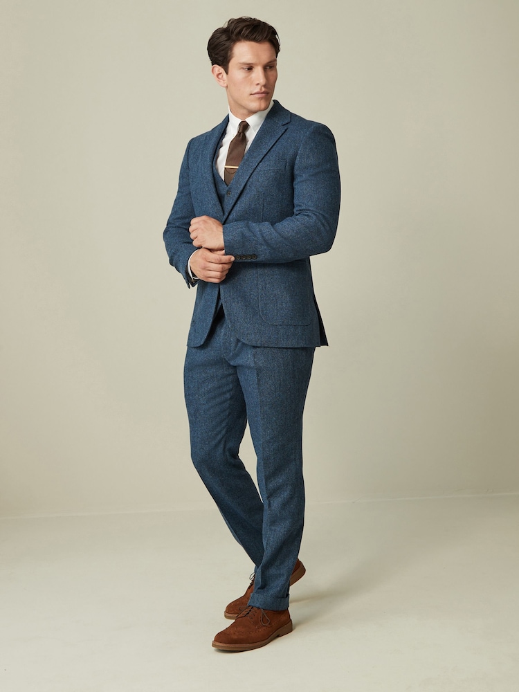 Bright Blue Slim Fit Nova Fides Wool Blend Herringbone Suit Jacket - Image 2 of 9