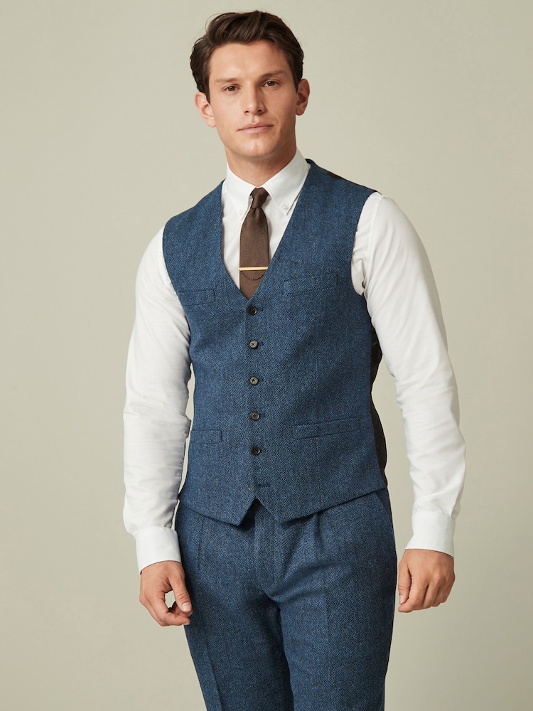 Bright Blue Regular Fit Nova Fides Wool Blend Herringbone Waistcoat - Image 1 of 10
