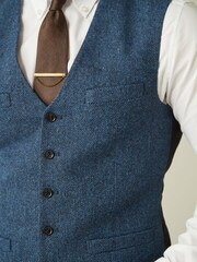 Bright Blue Regular Fit Nova Fides Wool Blend Herringbone Waistcoat - Image 6 of 10