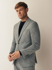 Grey Slim Fit Nova Fides Wool Blend Herringbone Suit Jacket - Image 1 of 12
