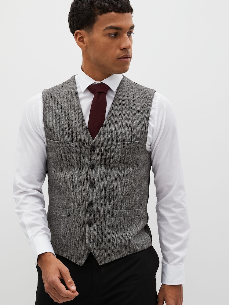 Grey Regular Fit Nova Fides Wool Blend Herringbone Waistcoat - Image 1 of 11