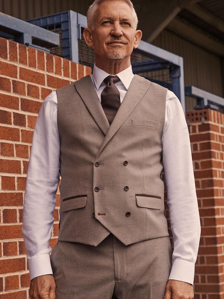 Taupe Trimmed Herringbone Fabric Suit Waistcoat - Image 1 of 9