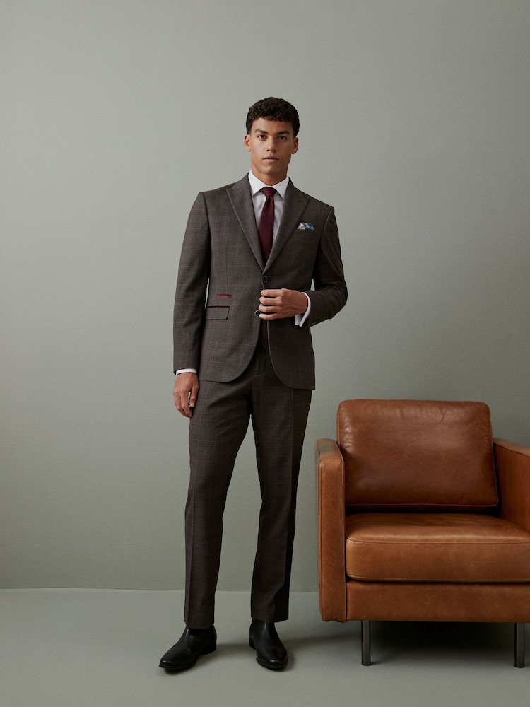 Brown Slim Trimmed Check Suit: Trousers - Image 1 of 7