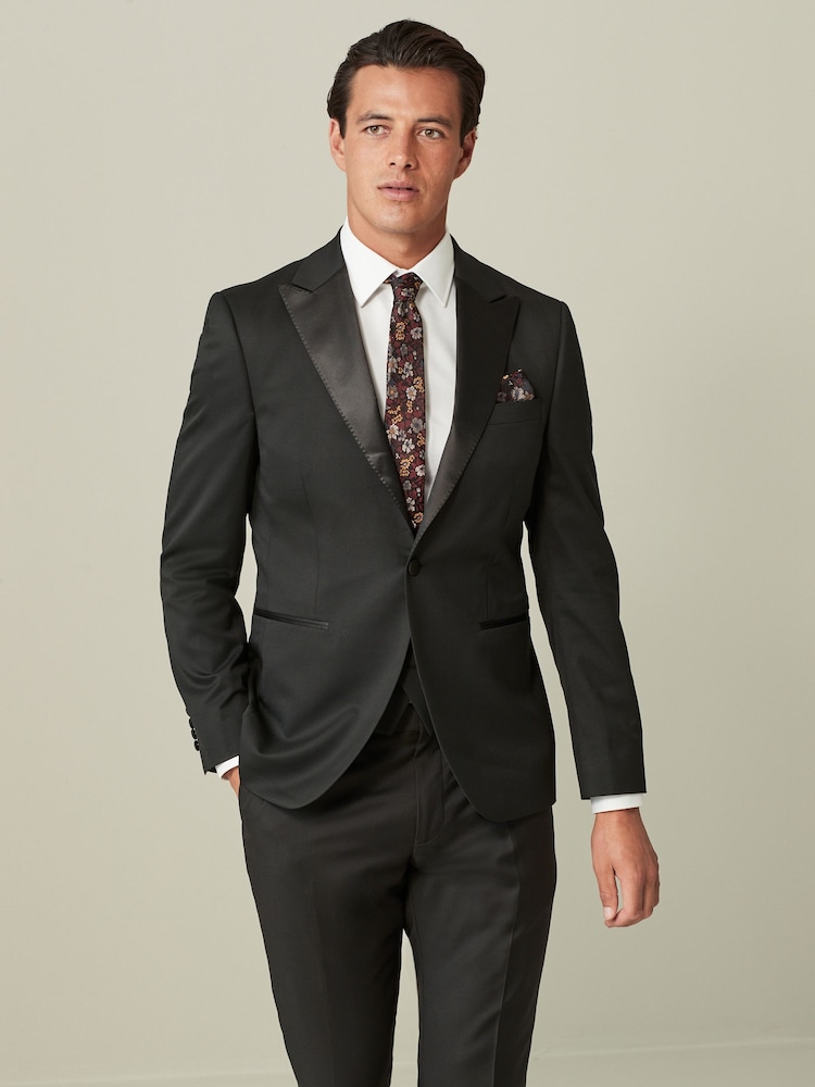 Black Tailored Fit Wool Blend Shiny Tuxedo Suit Jacket - Image 1 of 11