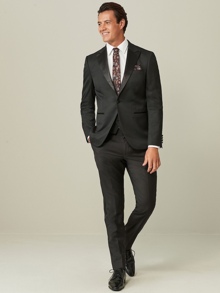 Black Tailored Fit Wool Blend Shiny Tuxedo Suit Jacket - Image 2 of 11