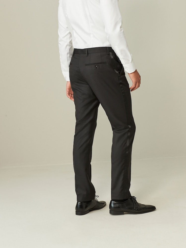 Black Tailored Fit Wool Blend Shiny Tuxedo Suit Trousers - Image 2 of 10