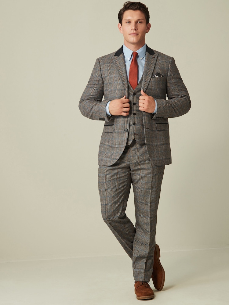 Grey Tailored Fit Nova Fides Wool Blend Trimmed Check Suit Trousers - Image 2 of 8