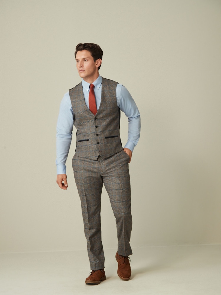 Grey Regular Fit Nova Fides Wool Blend Trimmed Check Suit Waistcoat - Image 2 of 11
