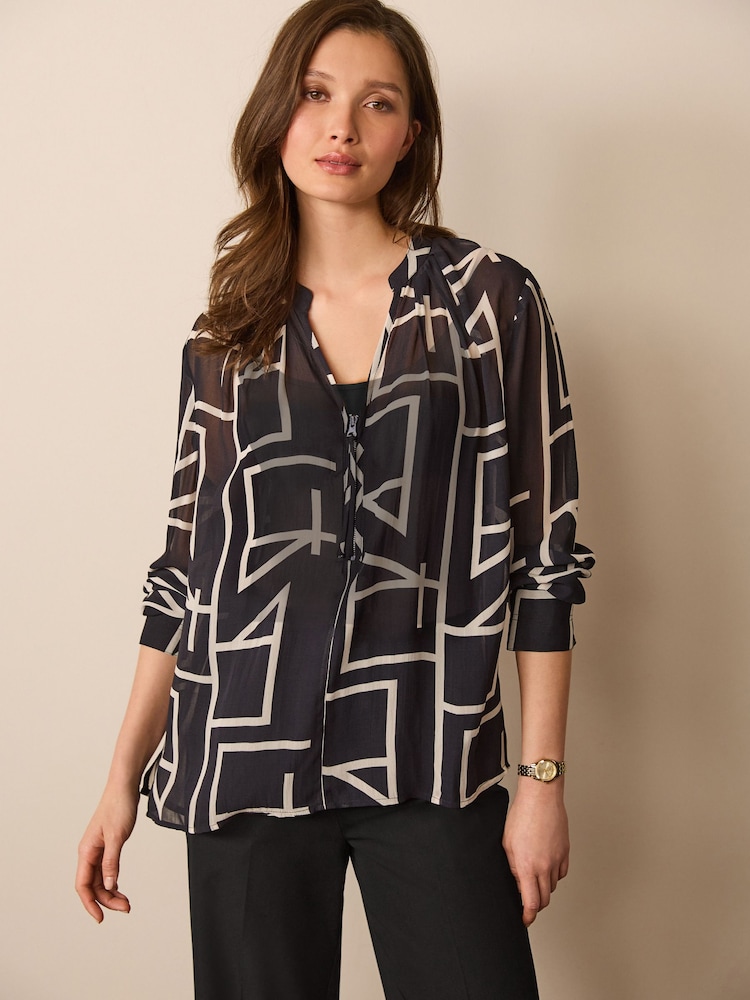 Black Geo Cuffed Long Sleeve Sheer V-Neck Zip Detail Blouse - Image 1 of 6