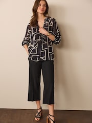 Black Geo Cuffed Long Sleeve Sheer V-Neck Zip Detail Blouse - Image 2 of 6