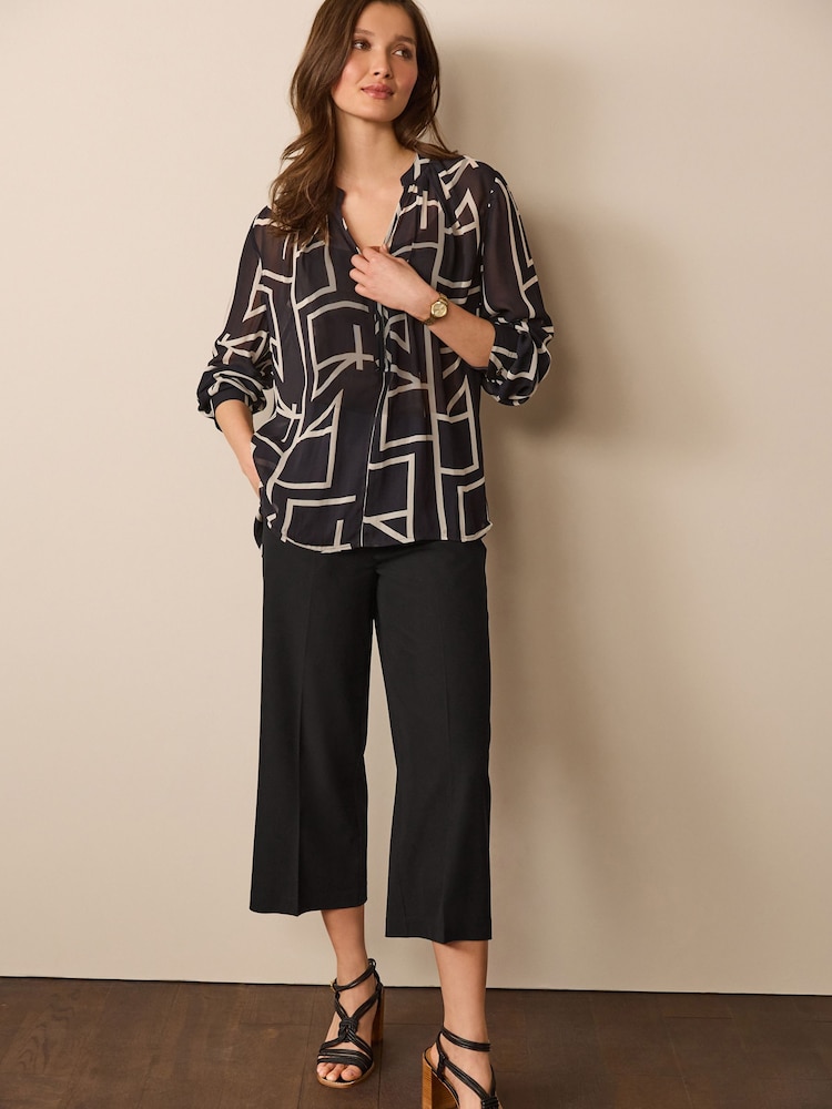 Black Geo Cuffed Long Sleeve Sheer V-Neck Zip Detail Blouse - Image 2 of 6