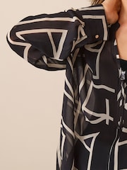 Black Geo Cuffed Long Sleeve Sheer V-Neck Zip Detail Blouse - Image 4 of 6