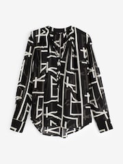 Black Geo Cuffed Long Sleeve Sheer V-Neck Zip Detail Blouse - Image 5 of 6